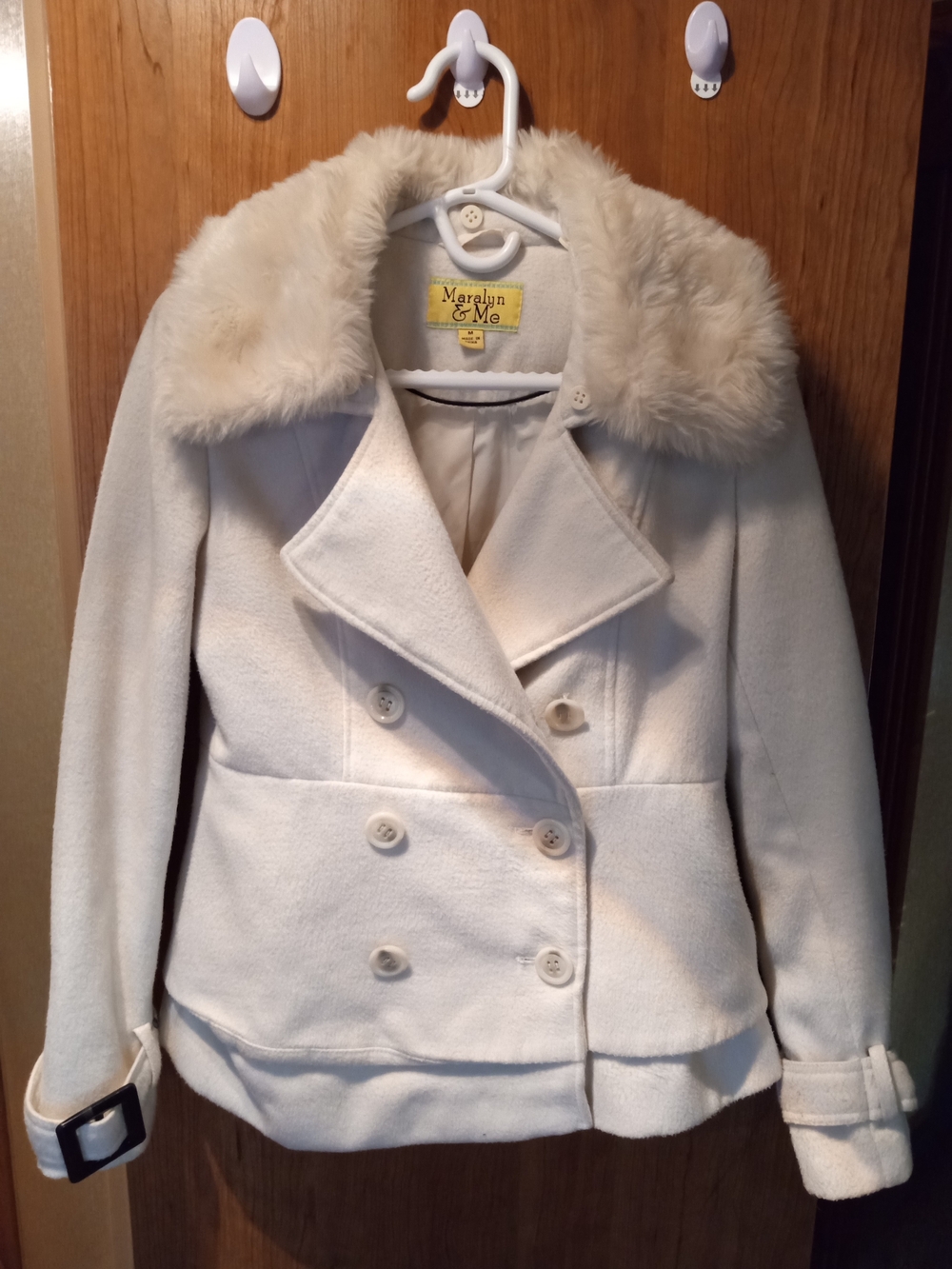 Maralyn & Me Cream Double-Breasted Faux-Fur Collar Coat